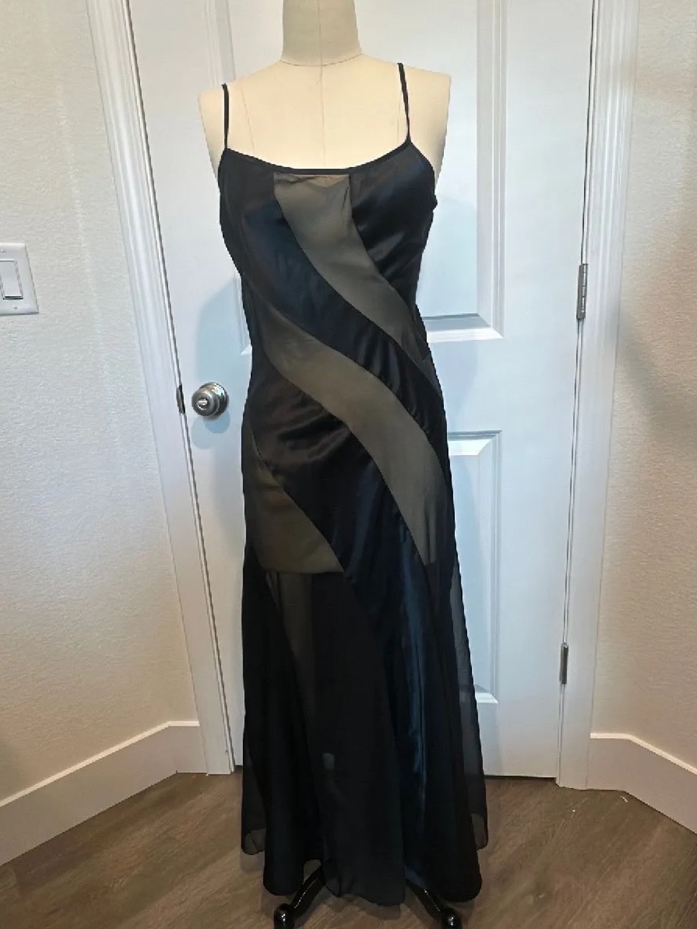 Black Slip Maxi Dress Fredrick’s of Hollywood mesh sheer y2k vintage swirl 90s